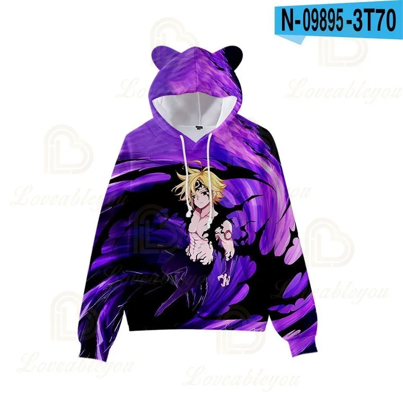 

Anime Seven Deadly Sins Women Pullover Black Hooded Cat Ears 3d Print Long-sleeved Cartoon Sports Sweatshirt