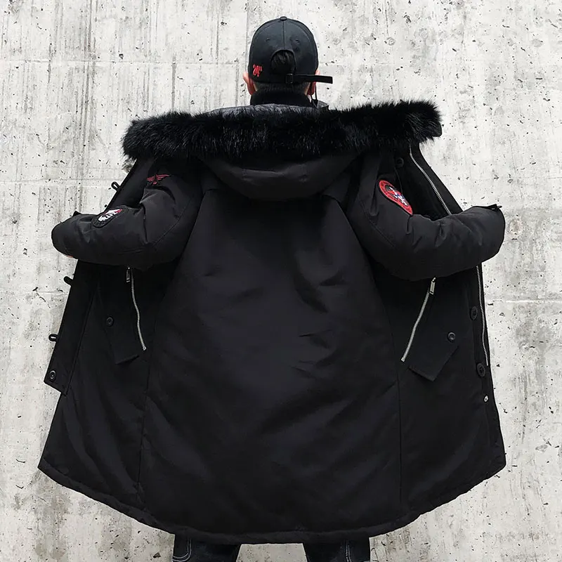 Black April MOMO Fashion Winter New Fur Jacket Men Warm Coat Fashion Casual Parka Medium-Long Thicken Cotton Coats Hip Hop Jacket - Color: Black