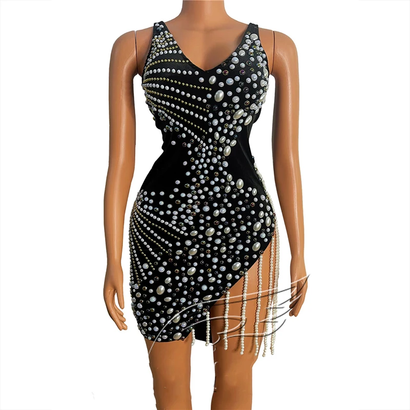 

Pearl Fringe Black Dress Women Nightclub Singer Costume Slit Sleeveless Open-Back Sexy Party Dress Evening Host Wear VDB3327
