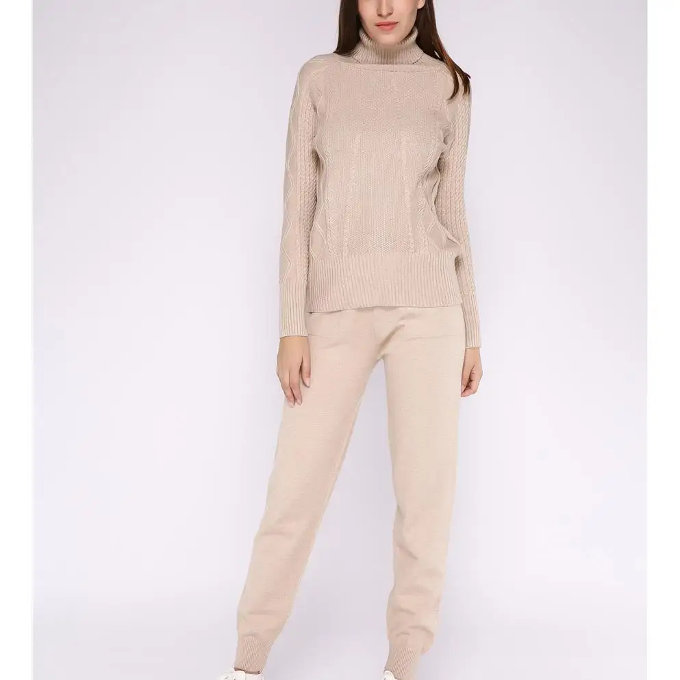 Winter Woolen Cashmere Knitted Warm Suit Turtleneck Sweater Pants Two-Piece Set Criss-Cross Loose Tracksuit Knit | Женская одежда