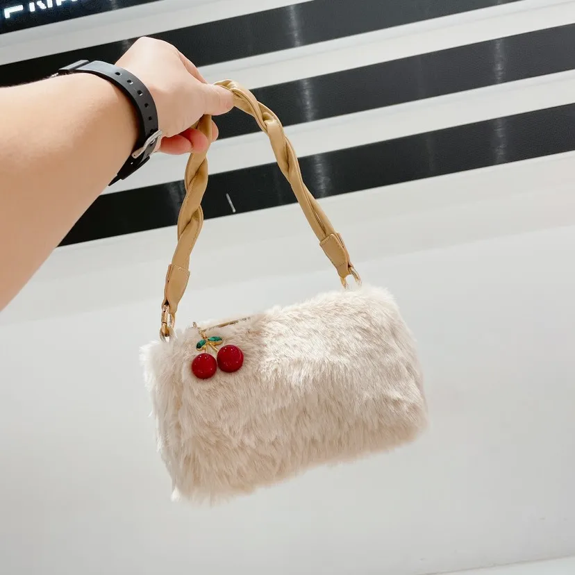 Bag female cherry decoration faux fur bag woven chain messenger bag female tide messenger bag tote bags for women bolso mujer
