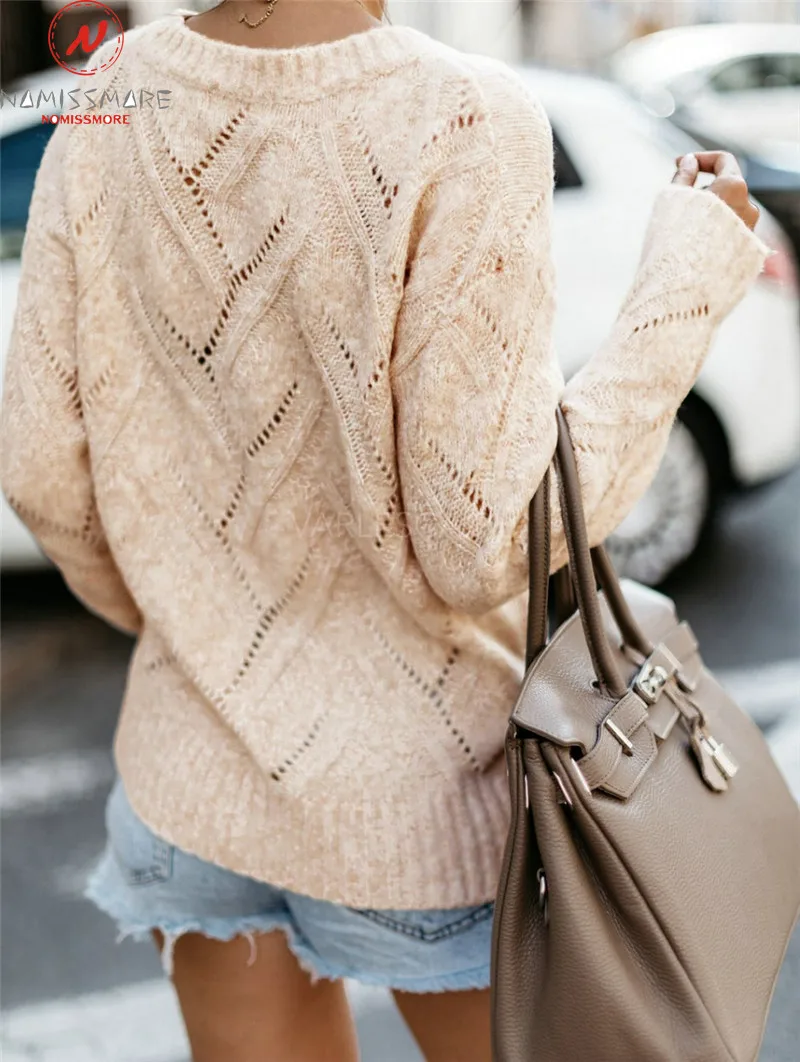 Women Sweaters for Streetwear Patchwork Hollow Out Design O-Neck Long Sleeve Solid Top Lady Autumn Casual Loose Pullover Shirts | Женская