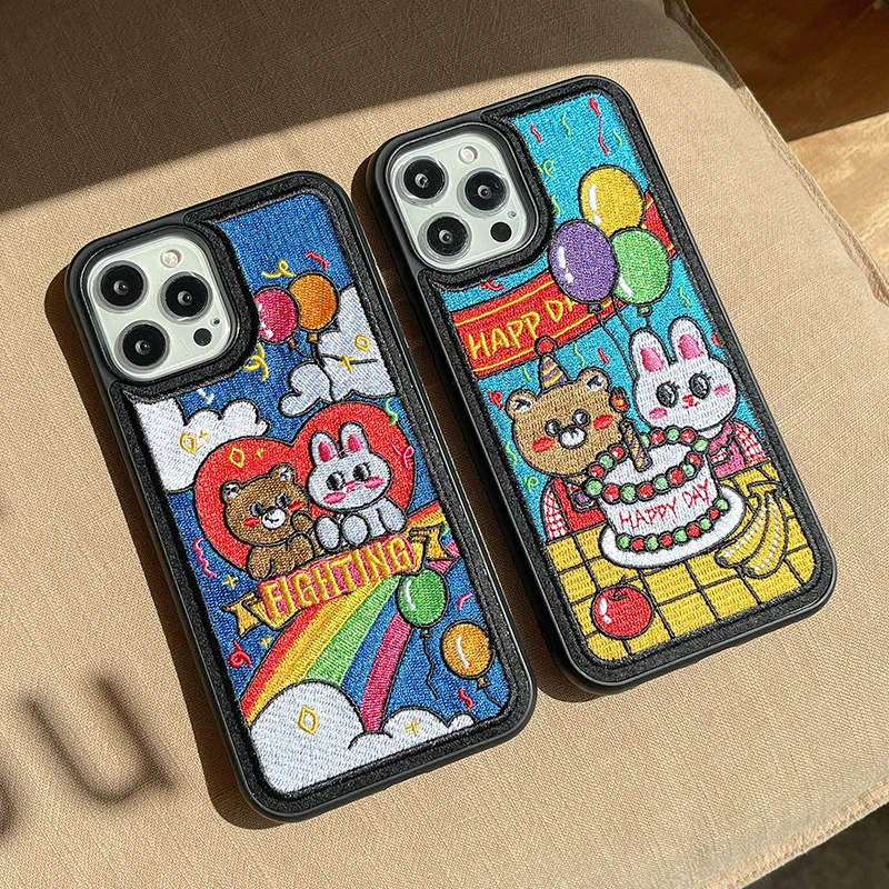 Чехол для телефона с вышивкой в Корейском стиле мультяшным медведем и кроликом