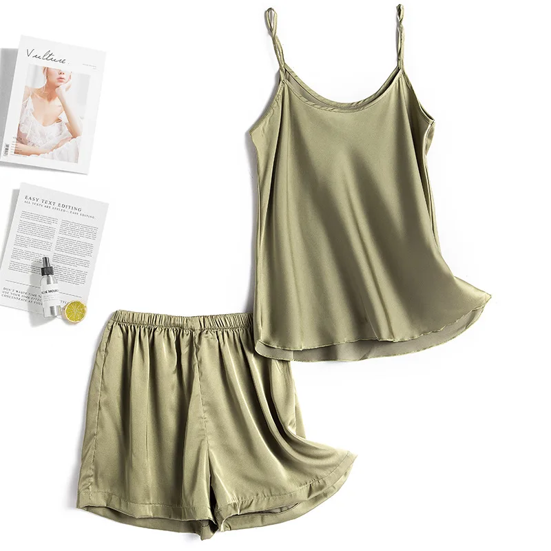 

Sexy Summer NEW Pajamas Suit Homewear Casual Champagne Sleep Set Intimate Lingerie Satin Nightwear Sleepwear Soft Home Clothing