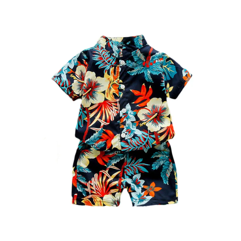 

Small Medium 2021 Summer New Boys Short Sleeve Shorts Set Fully Print Handsome Shirt Baby Boy Two Piece Suit Sandy beach