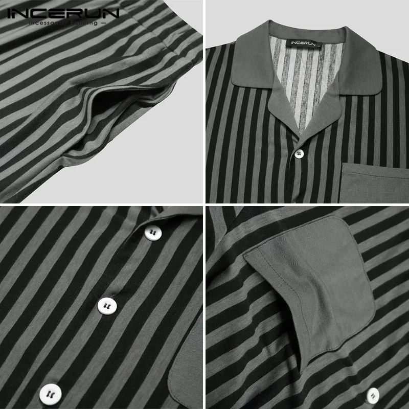 

INCERUN Autumn Fashion Striped Pajama Suits Men Long Sleeve Lapel Tops Elastic Pants Sleepwear Sets Cozy Pockets Homewear Suits