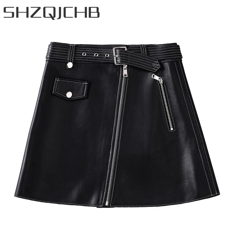 

JCHB 2021 High Quality Ladies A Line Belted Short Skirt Zipper Punk Style Genuine Leather Mini Skirts Slim Sheepskin Moto Biker