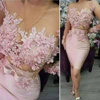 fashion pink short evening dresses 2021 sexy llusion women cocktail party wear flowers beads long sleeve ins gala prom dress