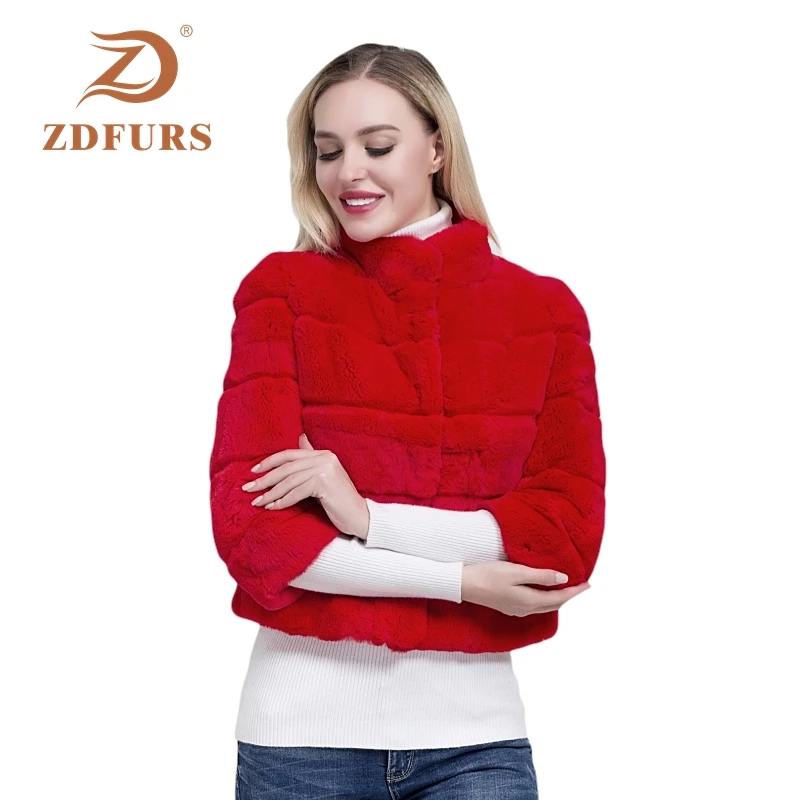 ZDFURS*2019 New Short rabbit fur Jacket 100% Full Pelt Genuine Real rex Rabbit Fur Coat Stripe Line Natural fur outerwear