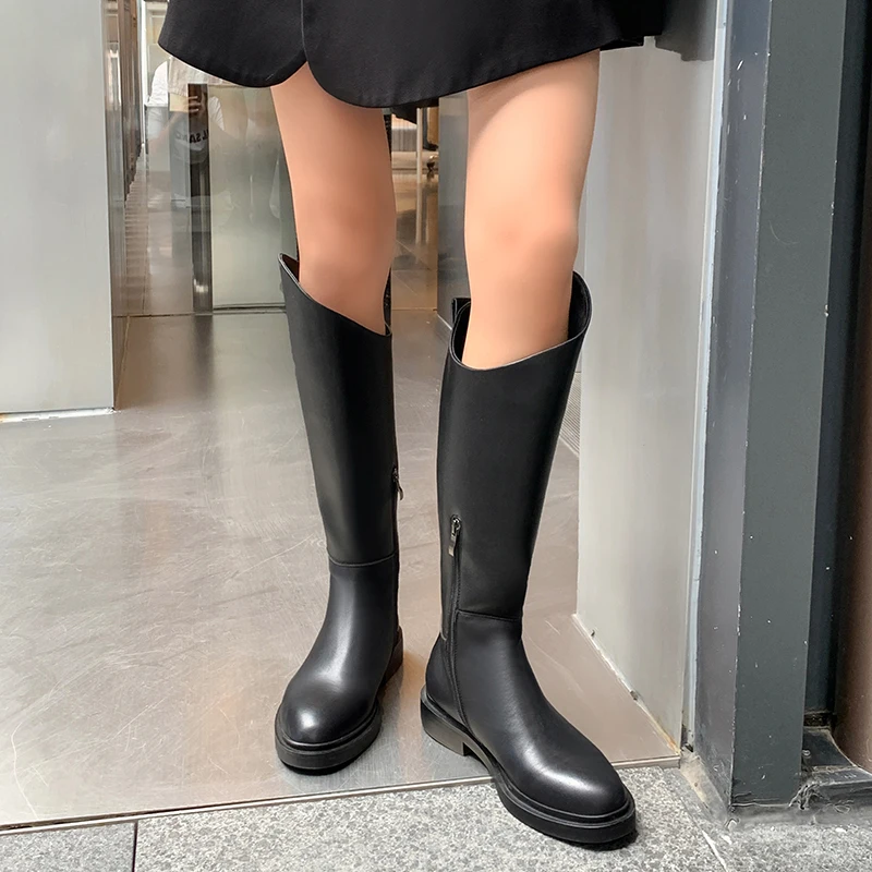 

2021 New Winter Women Knee High Boots Genuine Cow Leather Side Zipper Round Toe Lady Fashion Long Boots Handmade