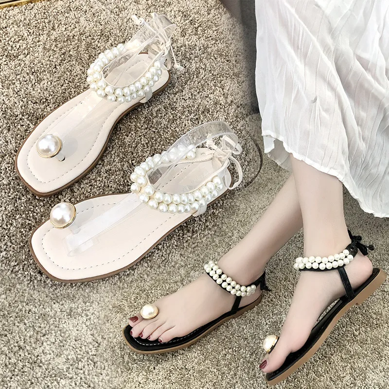Женские босоножки на плоской подошве с бусинами и шнурками|Боссоножки сандалии| |