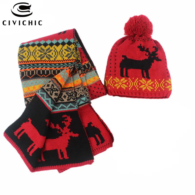 Red 2PCS Шикарный осенне-зимний Рождественский трикотаж, шапка, шарф, перчатки, комплект из 3 предметов, теплые флисовые рождественские шапочки с помпоном, вязаные крючком шапки, шали, шапки, варежки SH115 - Цвет: Red 2PCS
