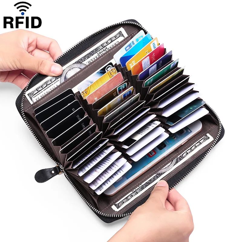 

Antimagnetic RFID Card Package Genuine Leather Zipper Credit Card Storage Bag Cowhide Large Capacity Wallet 36 Card Slots