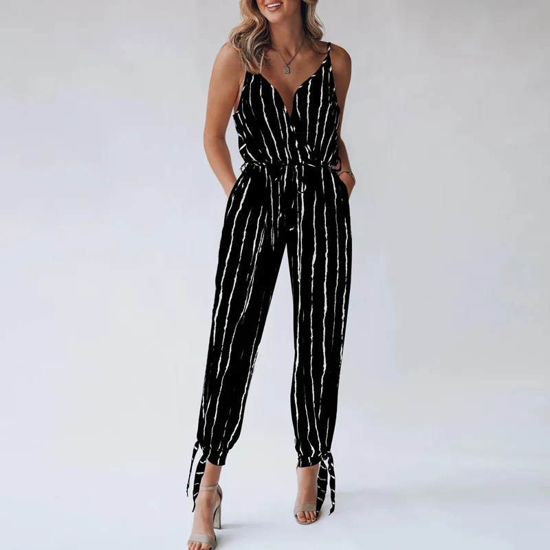 

Sale Women V Neck Elastic Waist Sling Playsuit Fashion Striped Print Jumpsuit Summer Sleeveless Bandage Romper Beach Overalls