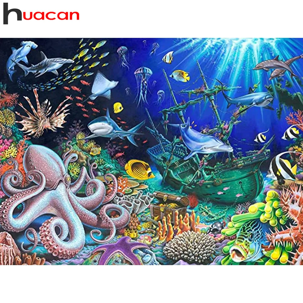 

Алмазная живопись Huacan, квадратная/круглая мозаика с изображением морского дна, рыбы, корабля, вышивка крестиком, морской пейзаж, искусство б...