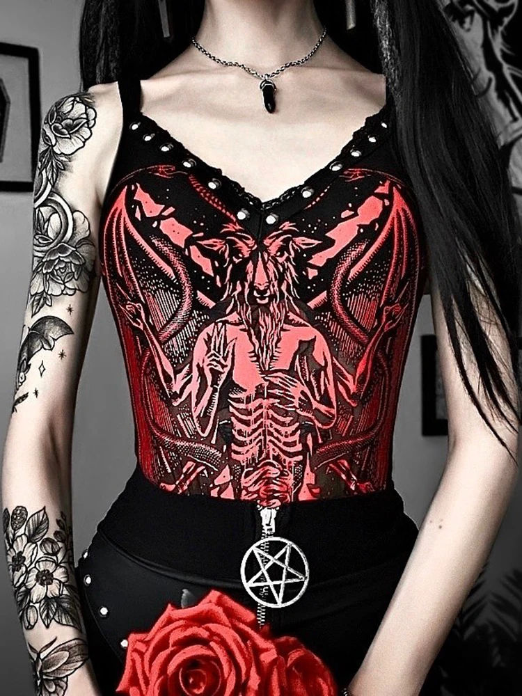 Женский Готический комбинезон с V-образным вырезом открытой спиной и принтом