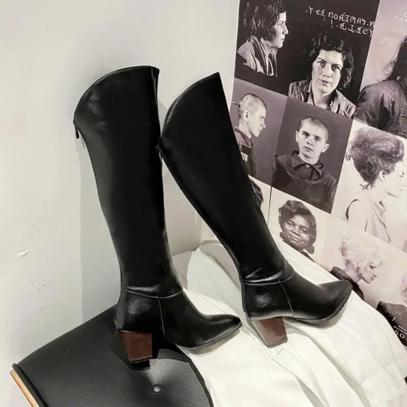 

KemeKiss Women Long Boots Fashion Thick Heel Winter Shoes Woman Warm ZIpper Sexy Knee High Boot Office Lady Footwear Size 32-46