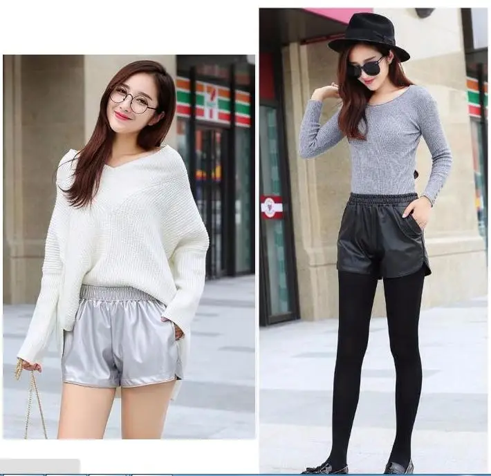 

New Summer Women Elastic Waist PU leather Black Shorts Female Celebrity same Loose Fashion Women Casual Shorts