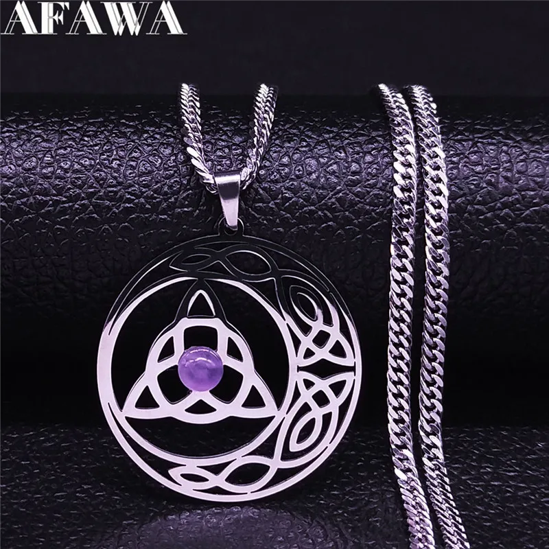 

Irish Knot Moon Purple Crystal Stainless Steel Chain Necklaces Women/Men Silver Color Necklace Jewelry collier homme NXH1203S05
