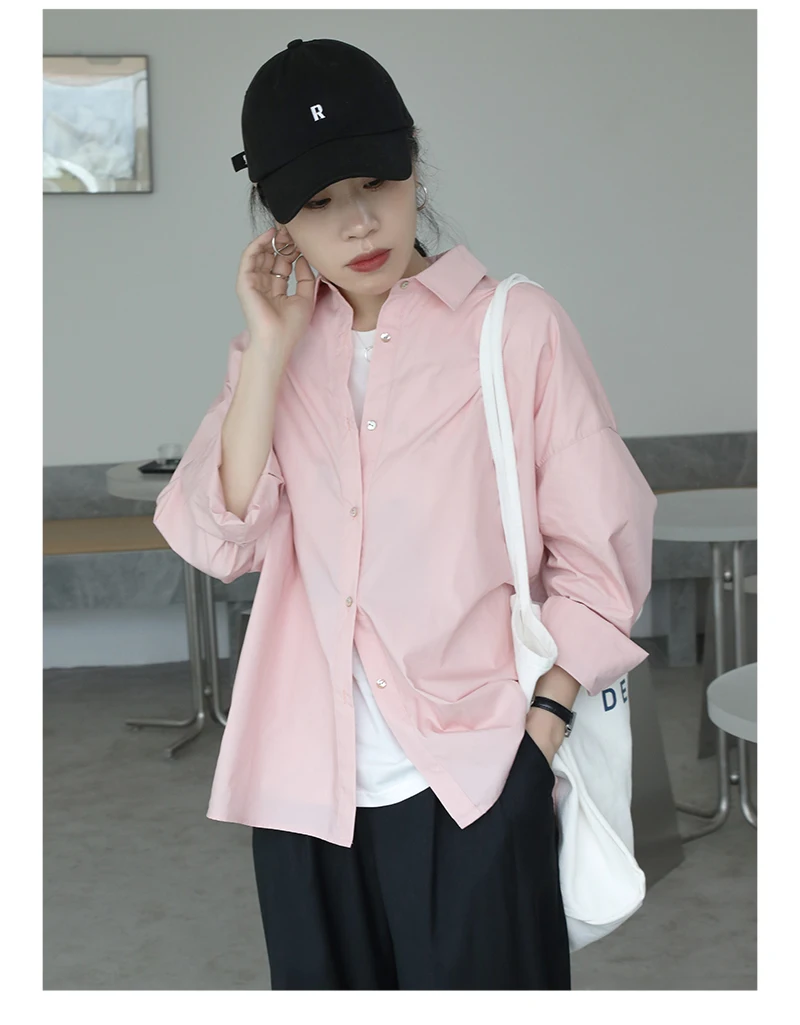 

Houthion Chiffon Women's Blouse Loose Solid Shirt Breasted Casual New Korean Long Sleeve Top Fashion Blouses Button