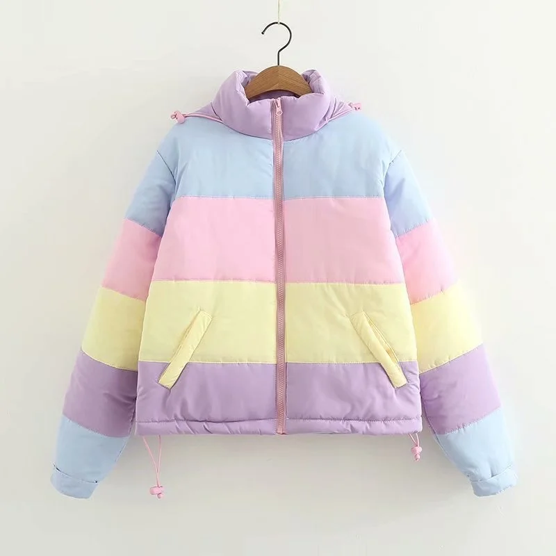 

Japanese cute little fresh rainbow color contrast loose thickened cotton padded jacket new winter girl students bread clothes
