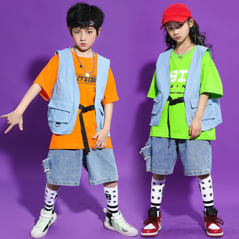 

Jazz Dance Performance Costumes Hiphop Short Sleeve Casual Top Denim Vest Shorts for Boys Girls Kids Ballroom Dance Set XS1265