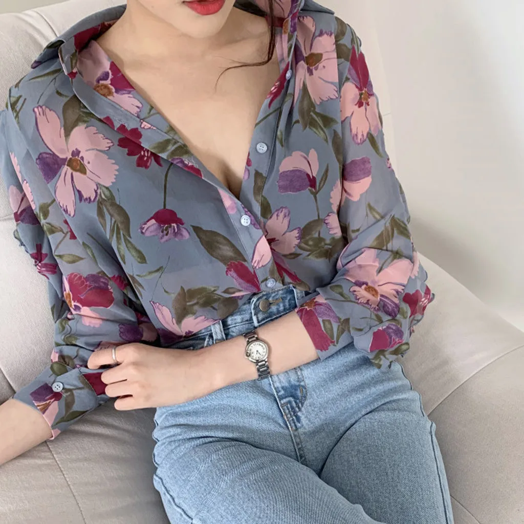 

Fashion Floral Print Chiffon Blouse Shirt Loose Buttons Tops Tee Casual Summer Ladies Female Women Long Sleeve Blusas Pullover