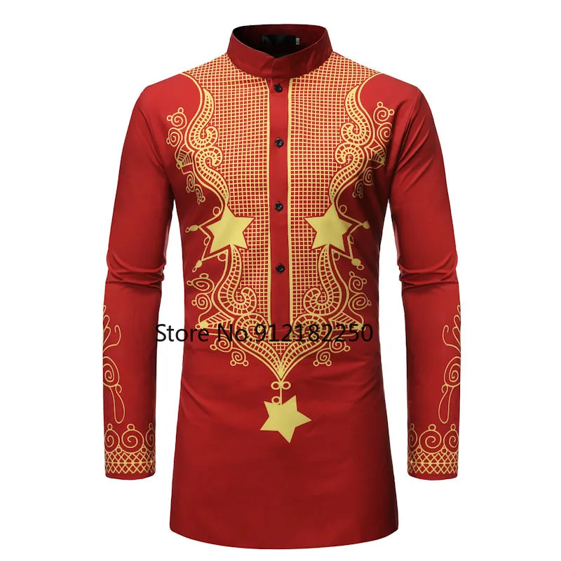 

Men African Clothes 2021 Fashion Red African Dashiki Robe Print Dress Shirt Men Hip Hop Streetwear Casual Camisa Masculina XXL
