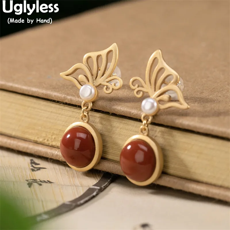 

Uglyless Hollow Butterfly Studs Earrings Women Natural Agate Pearls Earrings Gold Brincos 925 Silver Insects Butterflies Jewelry