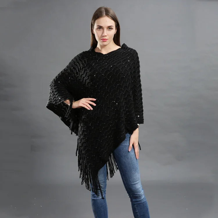 Размера плюс вязаный пуловер женское пончо с рукавом летучая мышь однотонный