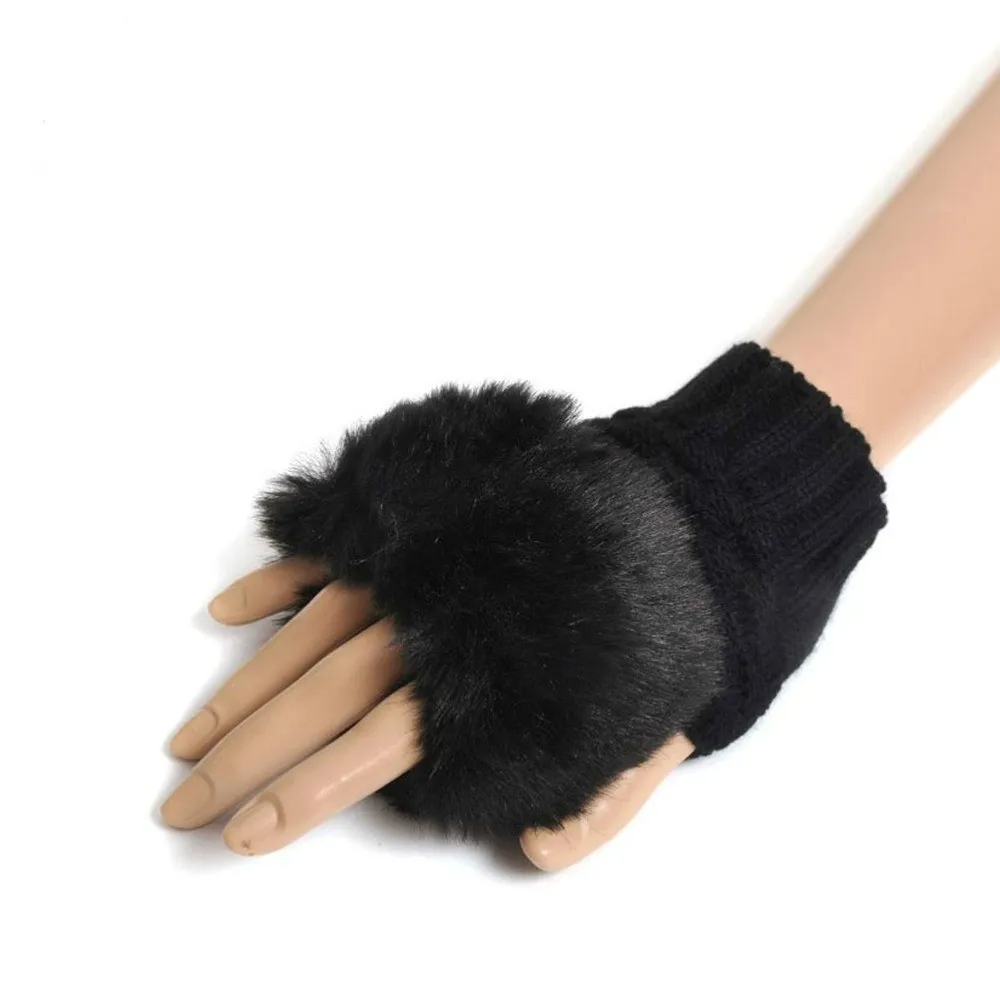 Зимние перчатки женские без пальцев с помпоном искусственный мех на запястье