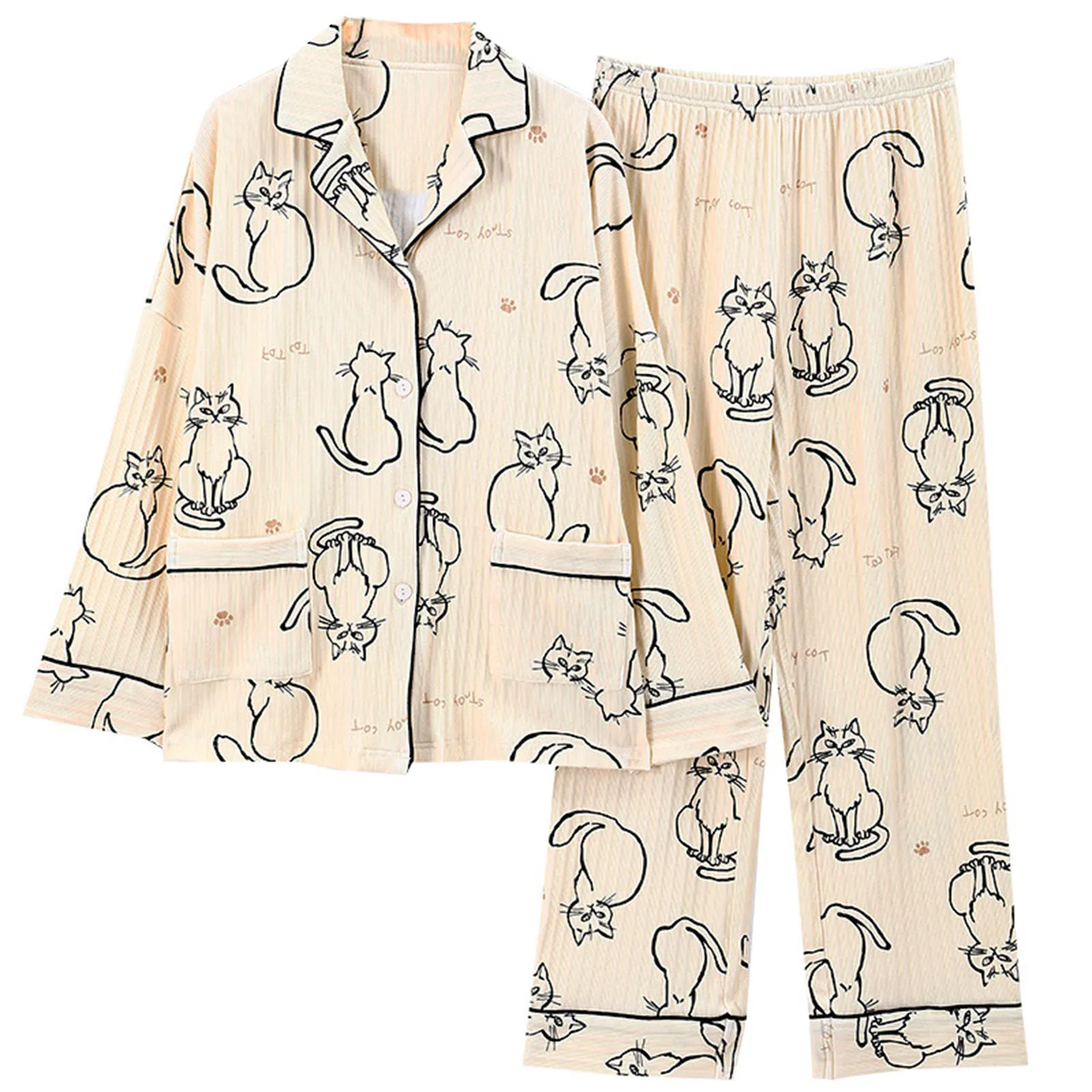

Women Nightshirt Set Ladies Cotton Pajama Set Cat Print Homewear Suit Autumn Long Sleeve Plus Size Sleepwear Women Top Long Pant