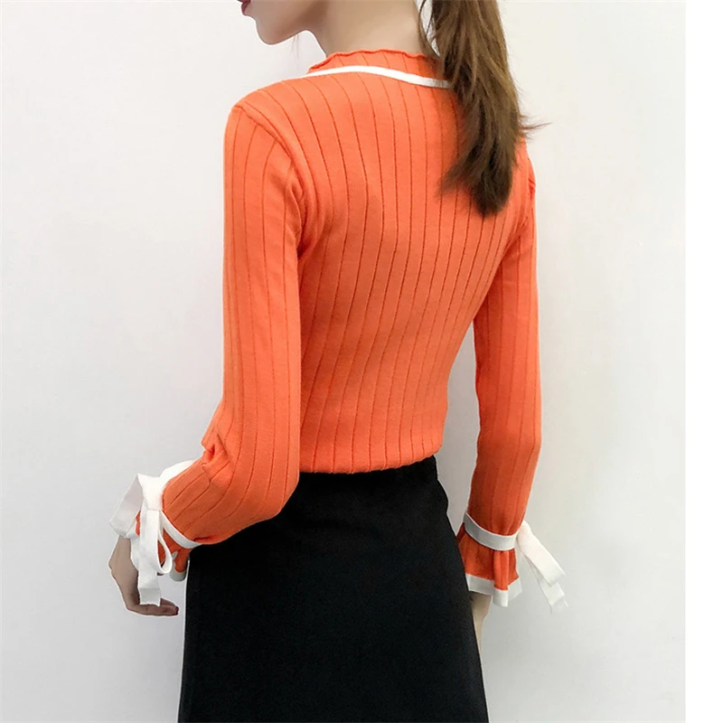 Women Solid Pullover Winter Knitted Sweater Sweet O-Neck Slim Soft Female Flare Sleeve Fashion Ladies | Женская одежда