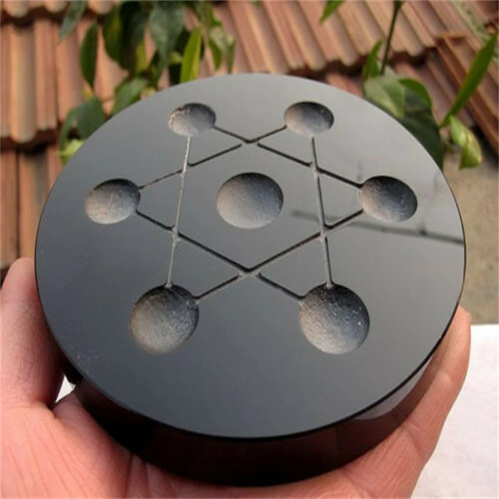 

Asian Rare Natural Obsidian 7 Stars Array Plate Base Seven Chakra Reiki Healing Crystal Ball Stand Decorate 3.9"