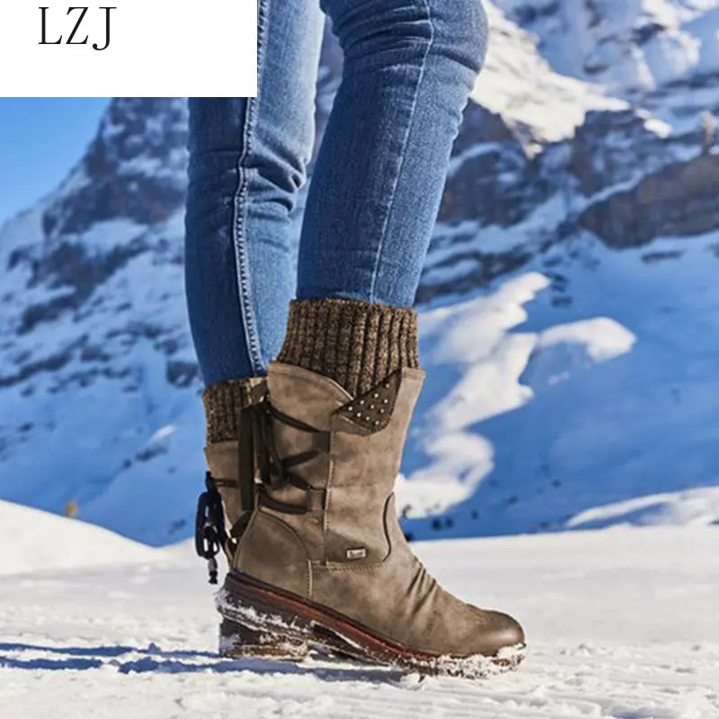 Женские зимние сапоги до середины икры зимняя обувь из флока женские модные