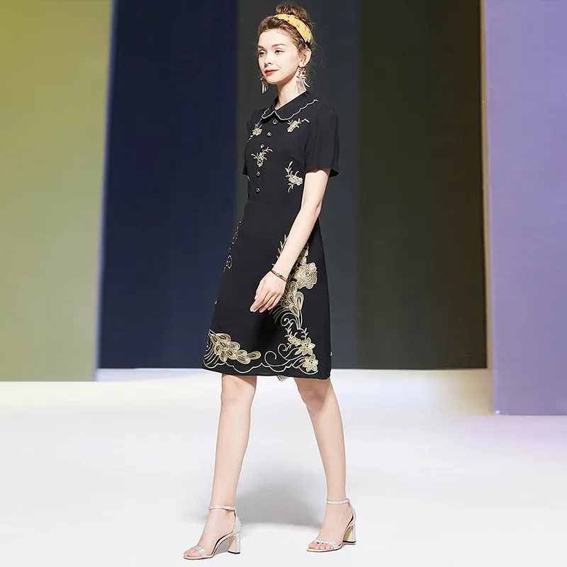 

Seifrmann Women Summer Fashion RunwayMidi Dress Short Sleeve Embroidery Vintage Style Female Party Pencil Dresses vestidos 2021