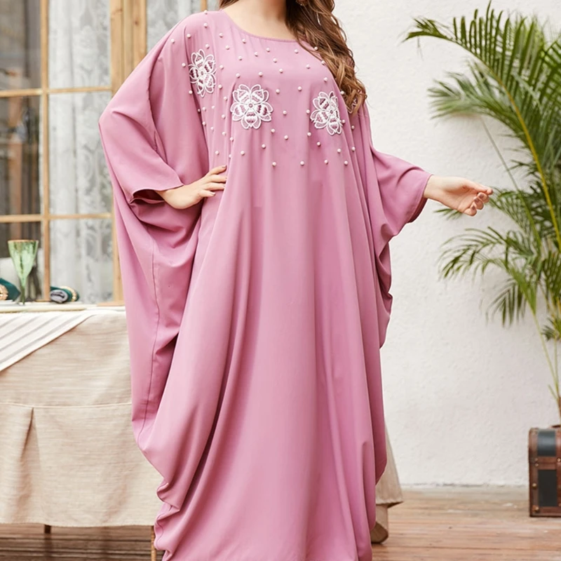 

Women's Pink Casual Batwing Sleeve Floral Printed Dress Beads Loose Abaya Kaftan Ramadan Robes Moroccan Gowns 066C