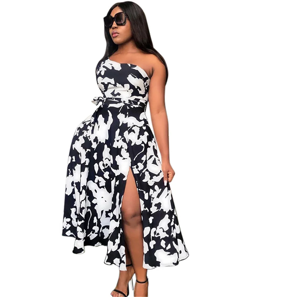 

SSEURAT Women Long Dress Print One Shoulder Sleeveless Skew Collar Splited Maxi Dresses Vintage Vestidos Summer Outfits