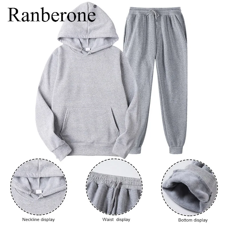 Ranberone 2 Pcs Sport Suit Fitness Solid Color Women's Tracksuits Hooded Pullover Sweatshirt Casual Pants Sets Sportswear Male