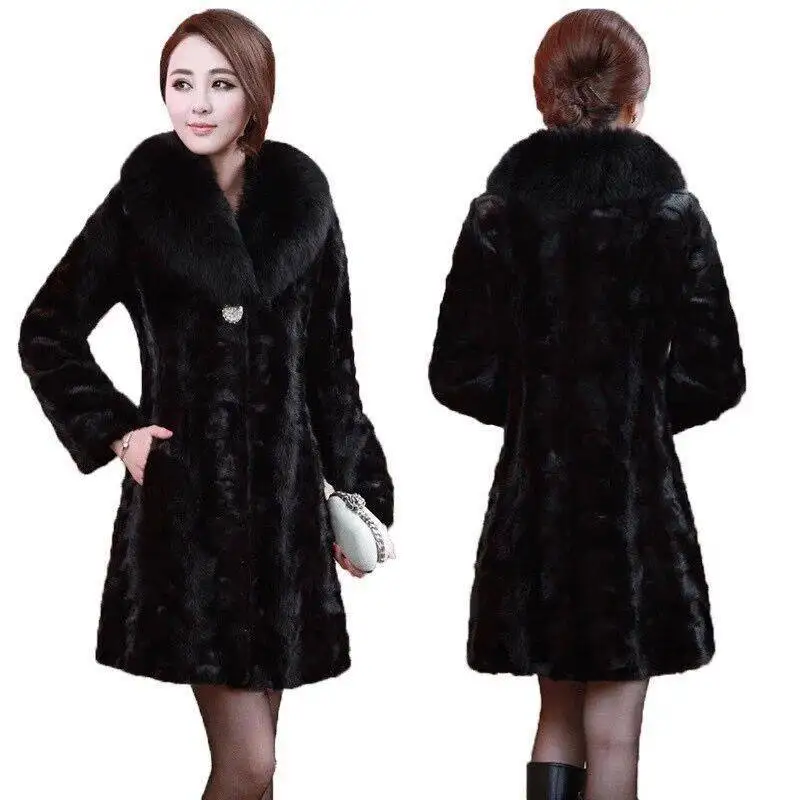 100% mink fur + fox fur collar 2021 autumn and winter new real mink fur coat female mid-length enlarge