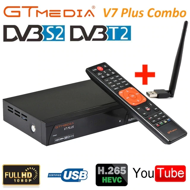 Спутниковый ресивер GTmedia V7 Plus DVB S/S2 + T/T2 1080P Full HD Поддержка H.265 PowerVu Biss Key Youtube USB Wifi