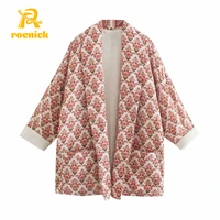 roenick women floral print kimono jacket fashion vintage pocket coat female three quarter sleeve outerwear chic open stitch tops