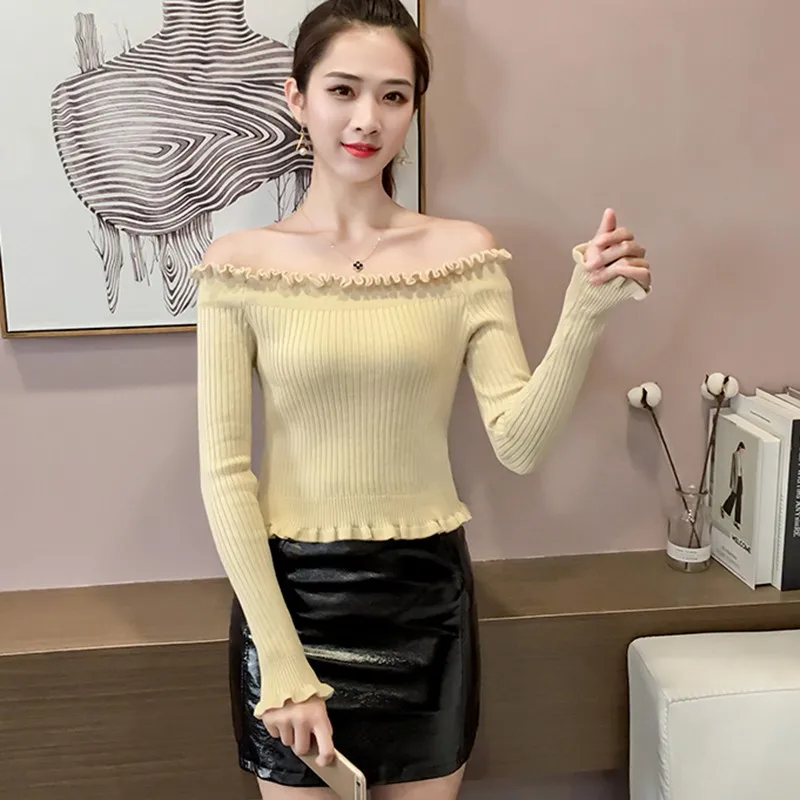 Новые корейские свитера Женский вязаный топ с вырезом лодочкой и открытыми