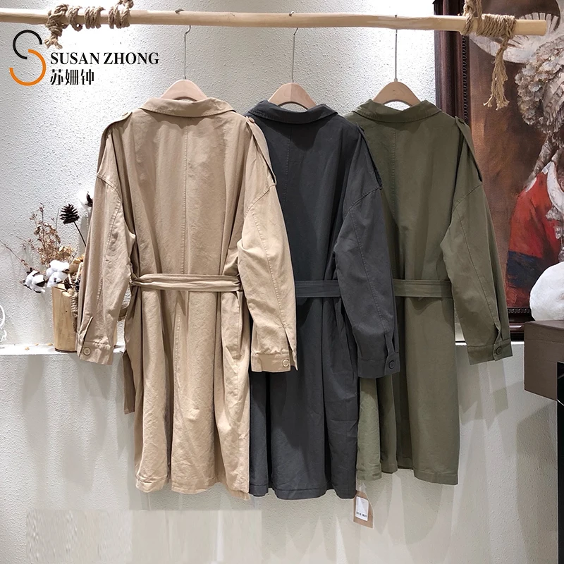 

Women Female Lady Coat Trench With Belt Storm Flap Pattern Lining Oversize Drop Shoulder Japanese Style Casual Safari Autumn