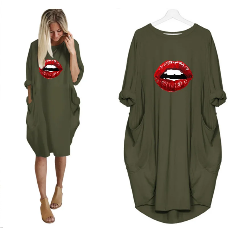 

Plus Size Dresses for Women Casual Sexy Lips Print Long Sleeve Pocket Sundresses Party Vintage Femme Vestidos Loose Streetwear