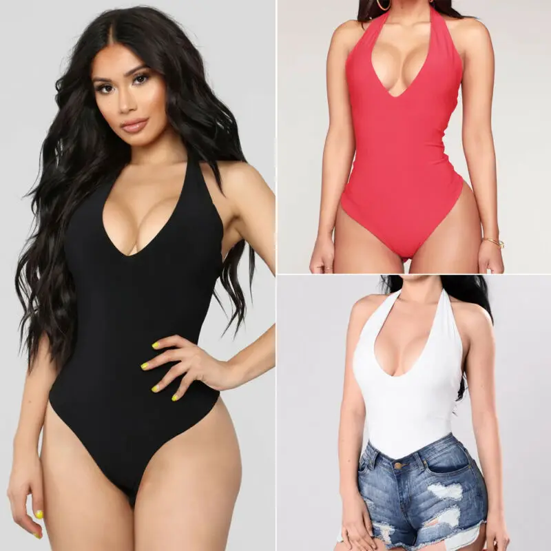 

Women Sexy V-Neck Bustier Bodysuit Sleeveless Backless Plain Skinny Rompers