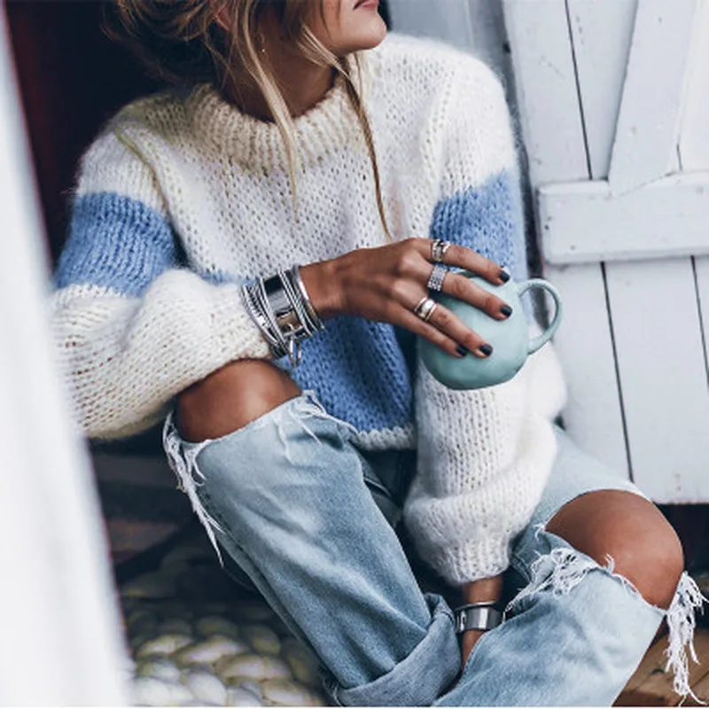 Woman Sweaters Pullovers Casual Knitted Striped Fuzzy Fluffy Sweater Long Sleeve Mohair ColorBlock Sweater Winter Autumn
