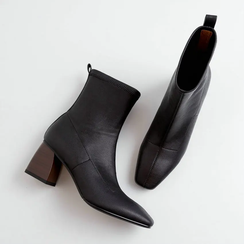 ANMAIRON 2020 Mature Genuine Leather Boots Women Basic Round Toe Square Heel Ankle Boots for Women Zip Women Shoes Size 34-43