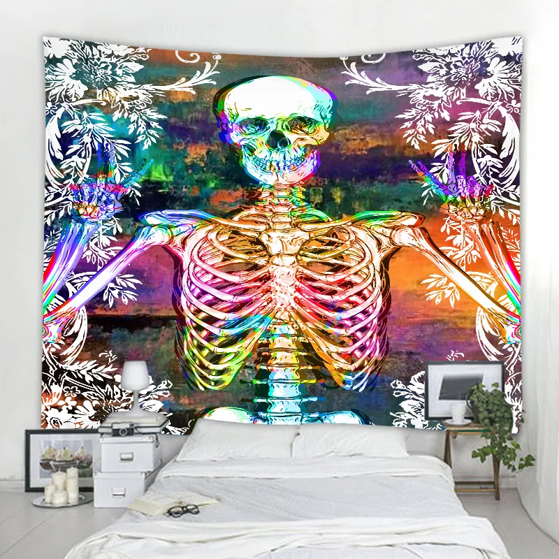 

Psychedelic colored skull background decorative tapestry mantra bohemian hippie wall tapestry home decorative tapestry