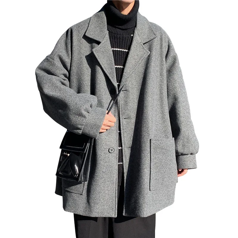 

Winter Harajuku style plus woolen woolen coat men's mid-length Hong Kong style new trend woolen coat mens coat mens trench coat